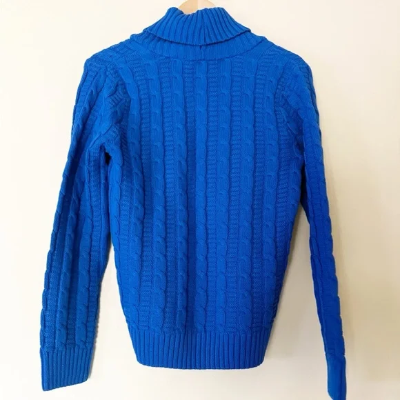 Jeanne Pierre Bright Blue Fisherman Cable Knit Shawl Collar Sweater 100% Cotton - Picture 4 of 4